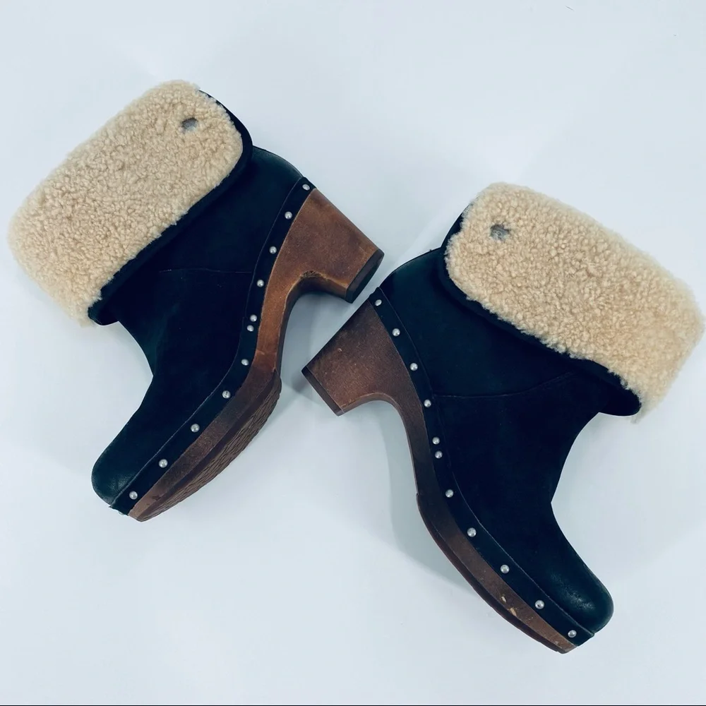 UGG Lynnea Black Suede Studded Fold Over Ankle Boots Size 7 - Picture 9 of 10